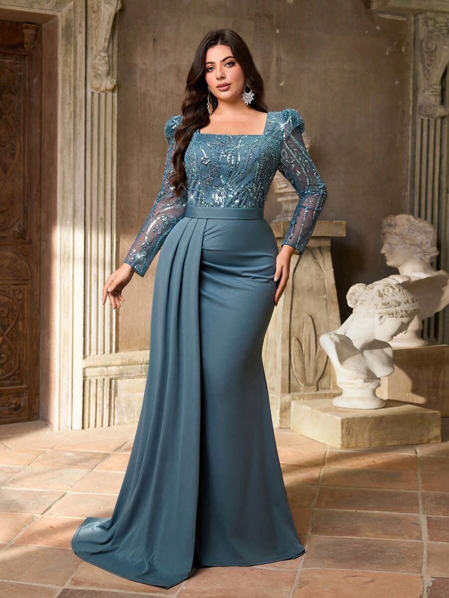 Aureia Plus Size Elegant Dusty Blue Spring Formal Prom Dress,Sequin ...