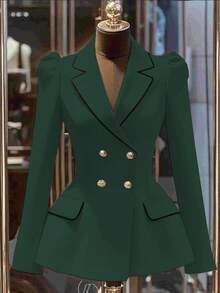 Franclia 通勤时尚百搭束腰双排扣金属纽扣撞色饰边卡其色女式西装外套，优雅春秋季外套，商务休闲装，漂亮女士西装外套 - 墨綠色 - 查看 3