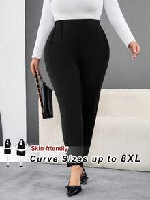 SHEIN CURVE+ Plus Size Women's Hot Stamping Tight Pants, Suitable For Parties And Casual Wear - Black - View 9