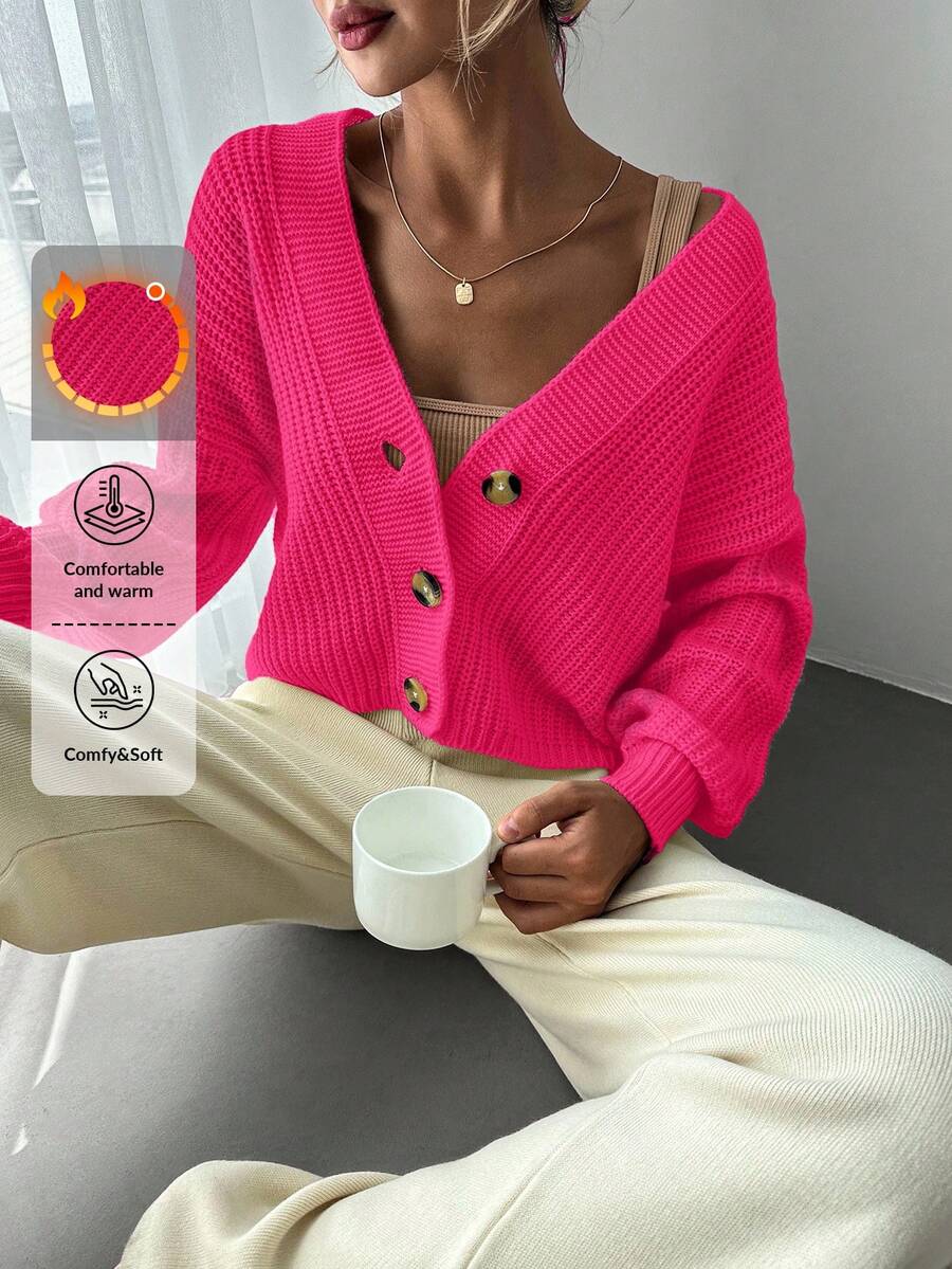 EURMUSE Women's Solid Color Front Button Long Sleeve Minimalist Casual Blouse - Hot Pink - View 1