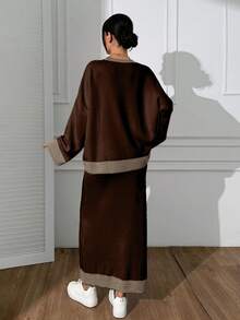 EURMUSE Women Round Neck Drop Shoulder Pullover & Sweater Skirt Set