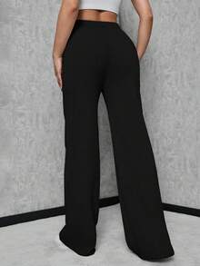 SHEIN Tall بنطلون نسائي كاجوال بسيط بخصر برباط فضفاض مستقيم، للنساء الطويلات - الأسود - مشاهدة 2