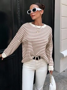 EURMUSE Women's Striped Round Neck Drop Shoulder Sweater - Dusty Pink - View 3