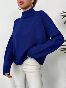 EURMUSE Suéter casual feminino de cor sólida com gola alta, outono/inverno - Azul - Ver 3