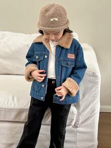 Genkimix Kids 少女秋冬新款时尚酷炫牛仔外套，加厚保暖翻领牛仔大衣，韩版冬季时尚