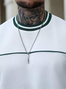 Manfinity CasualCool Men's Fleece Autumn/Winter Thermal Lined Contrast Color Ribbed Crew Neck Sweatshirt + Drawstring Sweatpants, Contrast Color Trim Split Design - White - View 7