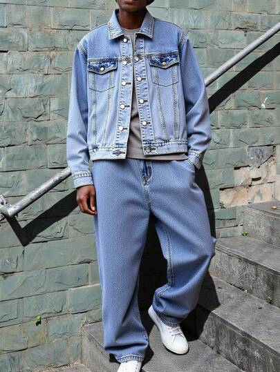 Teenager Jungen Mode Lässig Y2k Vintage Cool Straßen-Rückkehr zur Schule College Designgefühl Zweiteiler Set aus einfacher und nostalgischer blauer Jeans-Jacke mit Kragen und langem Ärmel und bequemer weiter Jeans für Kinderbekleidung, Teenager Jungen Kostüm Alltagskleidung und Kinder Winter- und Herbst Rave Outfits Festival und Streetwear Schulkleidung