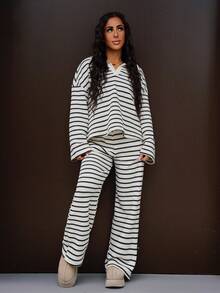 SAYEHFBABY Women's 2pcs Set Loose Striped V-Neck Drop Shoulder Long Sleeve T-Shirt &Elastic Waist Striped Pants, Winter Sweater Suit ,Autumn/Winter Women Striped Lounge Set Two Pieces Pants Set Women Two Pieces Set Casual Two Pieces Set Striped Two Pieces Set Comfortable Two Pieces Set - Black and White - View 1