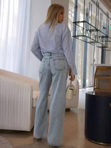 Cioccolato 女式落肩长袖条纹衬衫、长袖上衣 - 藍色 - 查看 2