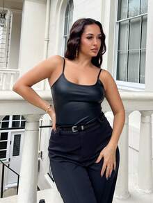 NegzBox PU Leather Sleeveless Skinny Bodysuit, Minimalist Casual Daily Party Design For Women, Spring/Summer ,Petite Women - Black - View 5