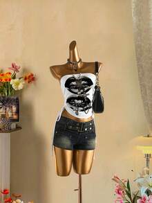 Attitoon Crop Top Seksi dengan Motif Bibir dan Detail Kerut di Bagian Depan untuk Wanita, Modis untuk Musim Semi/Panas - MultiWarna - View 3