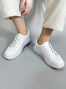 Tenis para hombre piel sintética fácil limpieza punta redonda con cordones suela plana estilo clásico casual cancha tenis - Blanco - Ver 2