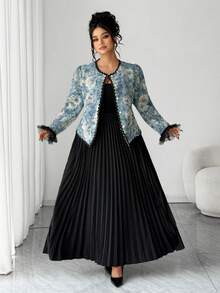SHEIN Elenzya Plus Size Women Elegant Black Floral Oil Painting Jacquard Jacket And Pleated Skirt 2 Pieces Set,Autumn Formal Evening Office Wear Mesh Ruffle Sleeve - Blue - View 4