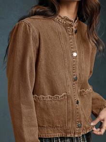 WESTFADE 夏季牛仔扇贝边修身长袖牛仔夹克 - 棕色 - 查看 4