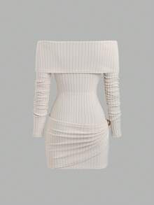 Sweetra Elegant Vintage Lady-Like Off Shoulder Collared Waist-Cinched Fitted Metal Button Accent Sexy Bodycon Dress For Women, Autumn/Winter - Apricot - View 2