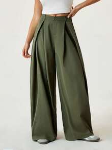 SHEIN Tall Quần dài xanh quân đội cổ điển thường ngày phong cách Hippie mùa hè cỡ lớn cho nữ - xanh quân đội - Xem 3