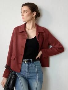 Uhlyne 女式复古经典硬币设计优雅休闲西装外套，配有仿口袋和纽扣，简约通勤夹克 - 酒紅色 - 查看 7