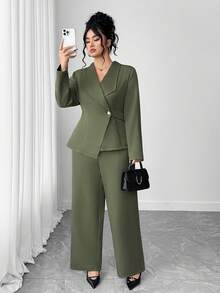 SHEIN Tall CURVE Bộ 2 món áo khoác tối giản thiết kế thắt cà vạt và quần ống đứng dáng rộng cho nữ cỡ lớn, trang phục công sở thanh lịch, trang trọng thường ngày khi đi làm - xanh quân đội - Xem 6