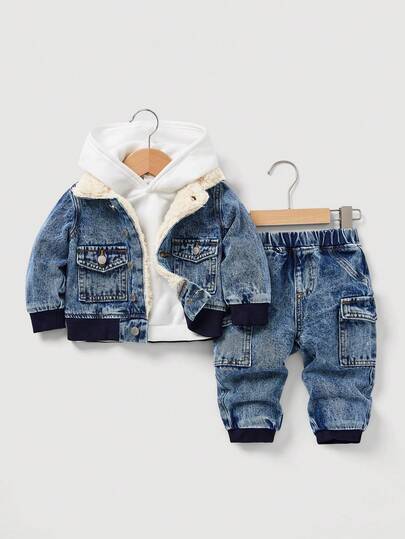 SHEIN 男婴两件套：酷炫保暖水洗工装口袋黑色牛仔保暖内衬泰迪熊外套和宽松牛仔束脚裤，适合男婴室内/室外秋冬穿着