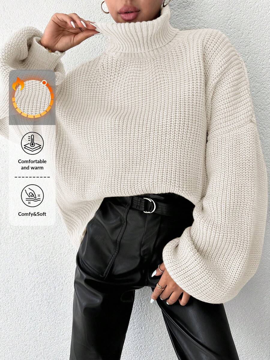 EURMUSE Turtleneck Drop Shoulder Sweater - White - View 1