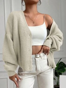 EURMUSE 1pc Women Casual Solid Button Down Drop Shoulder Cardigan For Autumn/Winter - Beige - View 3