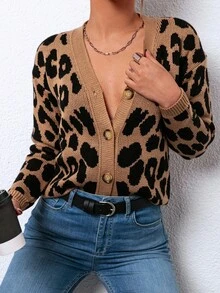 RueChic Leopard Pattern Button Front Cardigan - Brown - View 4