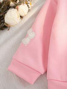 SHEIN Playful Pals 女婴秋冬新款荷叶边领长袖花卉贴花卫衣和罗纹花卉印花喇叭裤休闲运动套装 - 粉色 - 查看 4