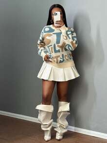 Slaydiva 2025大码女装冬装字母提花圆领宽松针织毛衣秋冬长袖上衣适合圣诞装/新年装/休闲装/街头装/学院风/日常通勤 - 彩色 - 查看 7