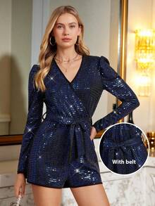 Amorya Women's Elegant V-Neck Gigot Sleeve Blue Metallic Color Jumpsuit, Suitable For Party, Gathering And Multiple Occasions In Autumn Women Autumn Winter Thanksgiving Outfits For Women Christmas