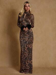 SHEIN Glamour Sexy Leopard Print Hollow Fluffy Decor Women's Long Sleeve Maxi Dress, Autumn - Brown - View 3