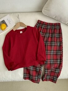 SHEIN Conjuntos a juego para la familia de hermanas, pijamas casuales de pantalón y parte superior de manga corta y cuello redondo a cuadros para niñas pequeñas, adecuados para otoño/invierno, Navidad, fiesta de Navidad - Rojo - Ver 5