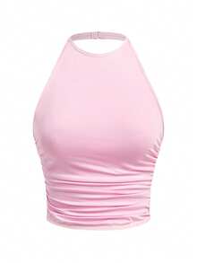 Lowkey Lull Women's Backless, Romantic, Casual Everyday Comfortable Camisole Top With Metal Heart Buckle, Ruched Waist Design For Slimming Effect - Pink - View 8