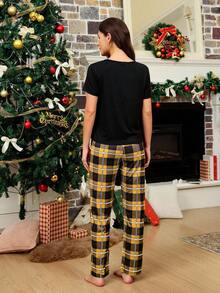 SHEIN Doze Lane Christmas Letter Print Short Sleeve Top And Plaid Pants Women Casual Pajama Set - Yellow - View 2