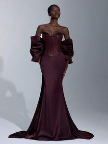 Elitara Thanh lịch, Lãng mạn, Gợi cảm, Tối giản, Nâu cà phê, Chất liệu da, Vải satin chắp vá, Trang trí xương cá, Tay áo rộng có thể tháo rời, Viền đuôi cá, Dài thướt tha, Hở lưng, Thời trang, Người có ảnh hưởng, Ngày lễ, Khu nghỉ dưỡng, Tiệc sinh nhật, Đám cưới, Đầm dạ hội trang trọng - Màu Đỏ Sâu - Xem 6