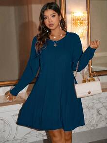 SHEIN LUNE Plus Size Solid Color Knit Casual Dress, Autumn/Winter - Navy Blue - View 4