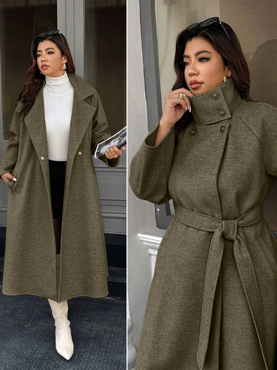 Easura 大码女式纯色插肩袖长袖休闲系带羊毛大衣，秋冬 - 軍綠色 - 查看 1