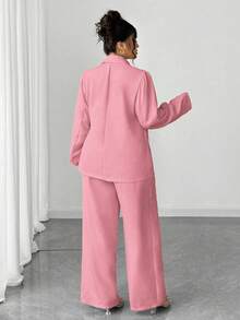 Elenzga Bộ vest blazer buộc dây thanh lịch màu trơn cỡ lớn dành cho nữ, thích hợp mặc đi làm, mùa thu/đông - Hồng - Xem 2