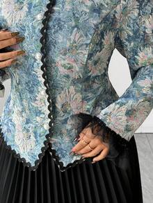 SHEIN Elenzya Plus Size Women Elegant Black Floral Oil Painting Jacquard Jacket And Pleated Skirt 2 Pieces Set,Autumn Formal Evening Office Wear Mesh Ruffle Sleeve - Blue - View 9