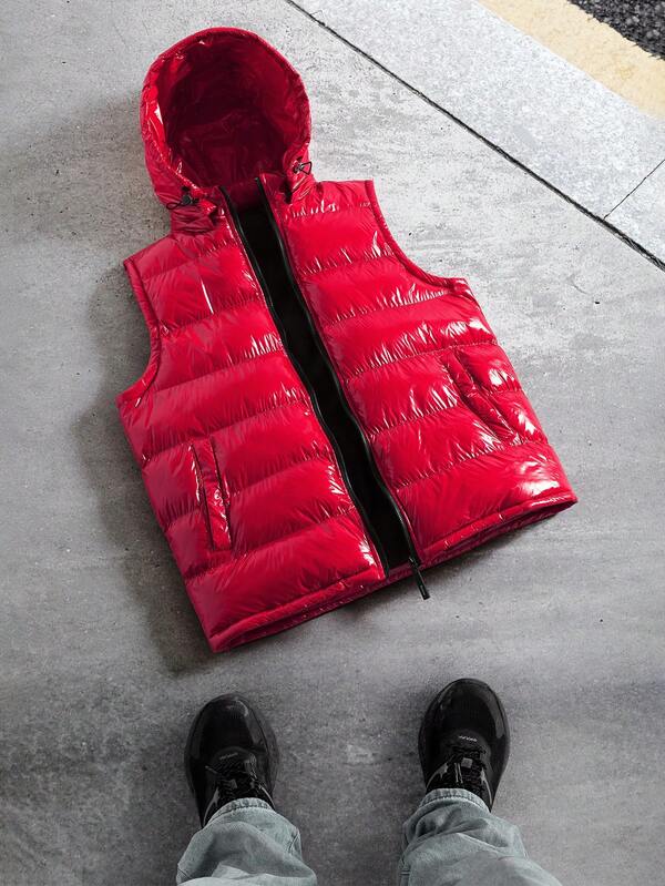 Manfinity EMRG Chaleco acolchado con capucha y cremallera de unicolor simple para hombres, otoño/invierno