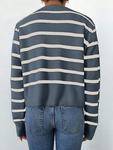 EURMUSE Women's Striped Long Sleeve Single-Breasted Casual Cardigan, Autumn/Winter - Blue - View 2