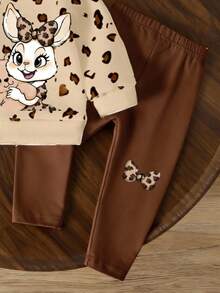 2 件套女婴可爱兔子豹纹休闲运动衫和紧身裤套装，适合秋冬季