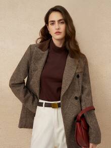 Franclia Women's Retro French Style Patchwork Blazer Collar Jacket, Suitable For Commuting, Autumn/Winter - Brown - View 3