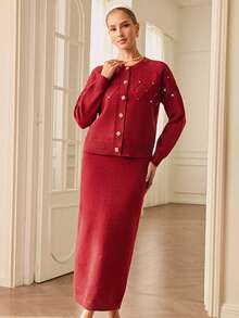 Revavyn 水钻装饰彩色圆领毛衣和中长裙两件套，优雅女士派对装，秋冬、圣诞节、新年 - 紅色 - 查看 3