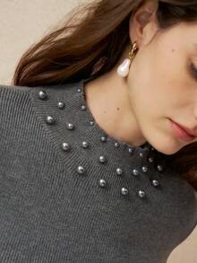 Cévolie 女士珍珠装饰高领长袖针织毛衣 - 灰色 - 查看 5