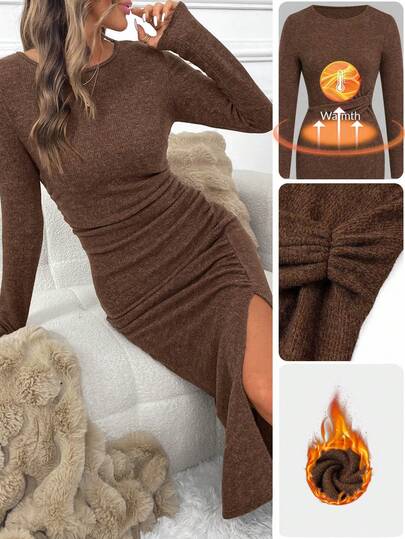 SHEIN Clasi Vestido midi plisado con cuello redondo y abertura, sencillo para mujer en otoño