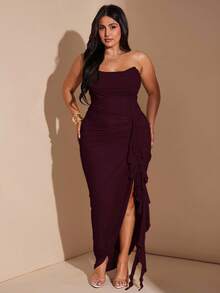 SHEIN BAE 大码女式春夏豌豆绿、绿色褶饰荷叶边下摆高开衩连衣裙、优雅度假沙滩裙、沙滩派对裙、夜间外出裙、生日裙、性感别致裙、网眼裙 - 紫紅色 - 查看 1