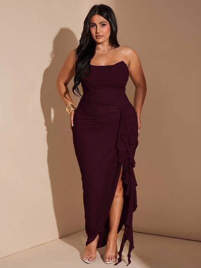 SHEIN BAE 大码女式春夏豌豆绿、绿色褶饰荷叶边下摆高开衩连衣裙、优雅度假沙滩裙、沙滩派对裙、夜间外出裙、生日裙、性感别致裙、网眼裙