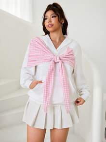 SHEIN EZwear Sudadera con cordón de parches a cuadros de talla grande/Invierno - Blanco - Ver 5