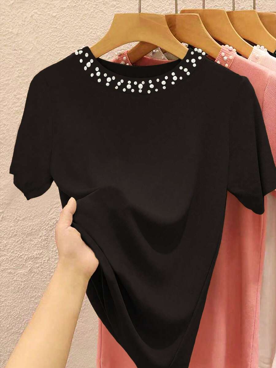 Airaco Áo thun nữ cổ tròn tay ngắn họa tiết ngọc trai thường ngày - màu đen - Xem 1