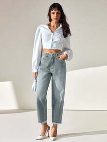 CLARA VERO High Waist Folded Hem Loose Mom Jean - Baby Blue - View 5